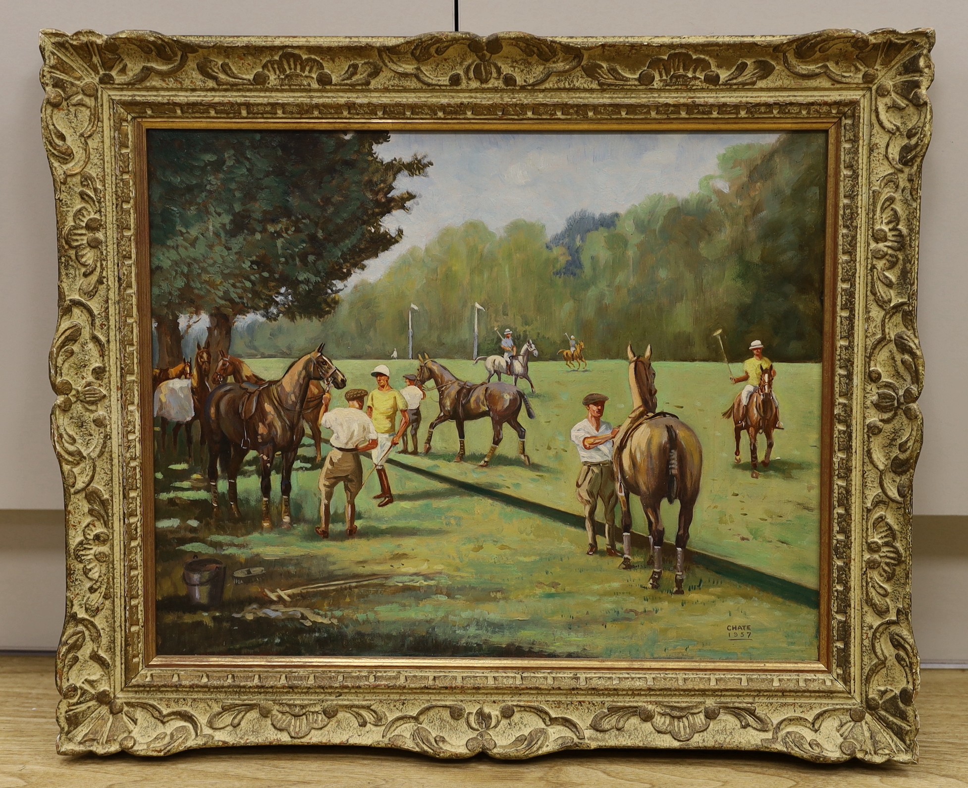 Chate (20th century), oil on board, Polo players before the match, signed and dated 1957, 40 x 50cm